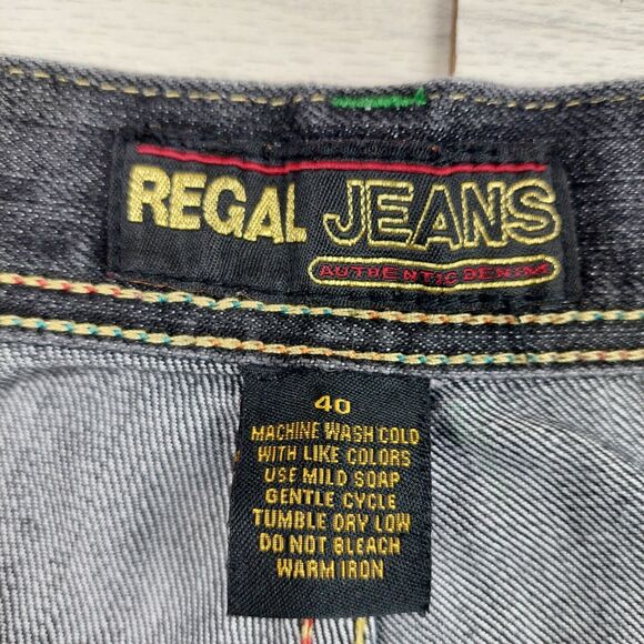 Regal Jeans Mens 40 Black Baggy Hip Hop Embroidered Wide Leg Y2K 38x31.5 Street - Picture 7 of 12